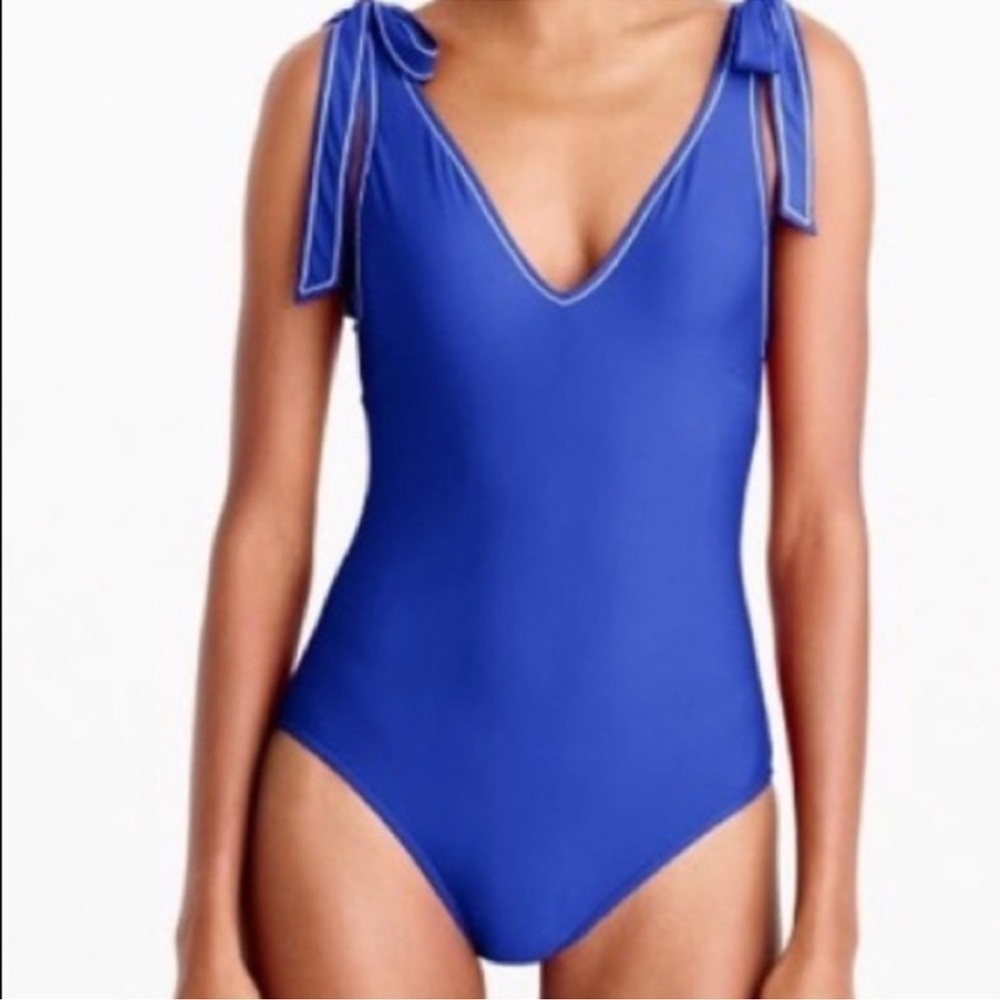 J.Crew Tie-shoulder one-piece swimsuit in Navy deep V-neck vacation cruise beach